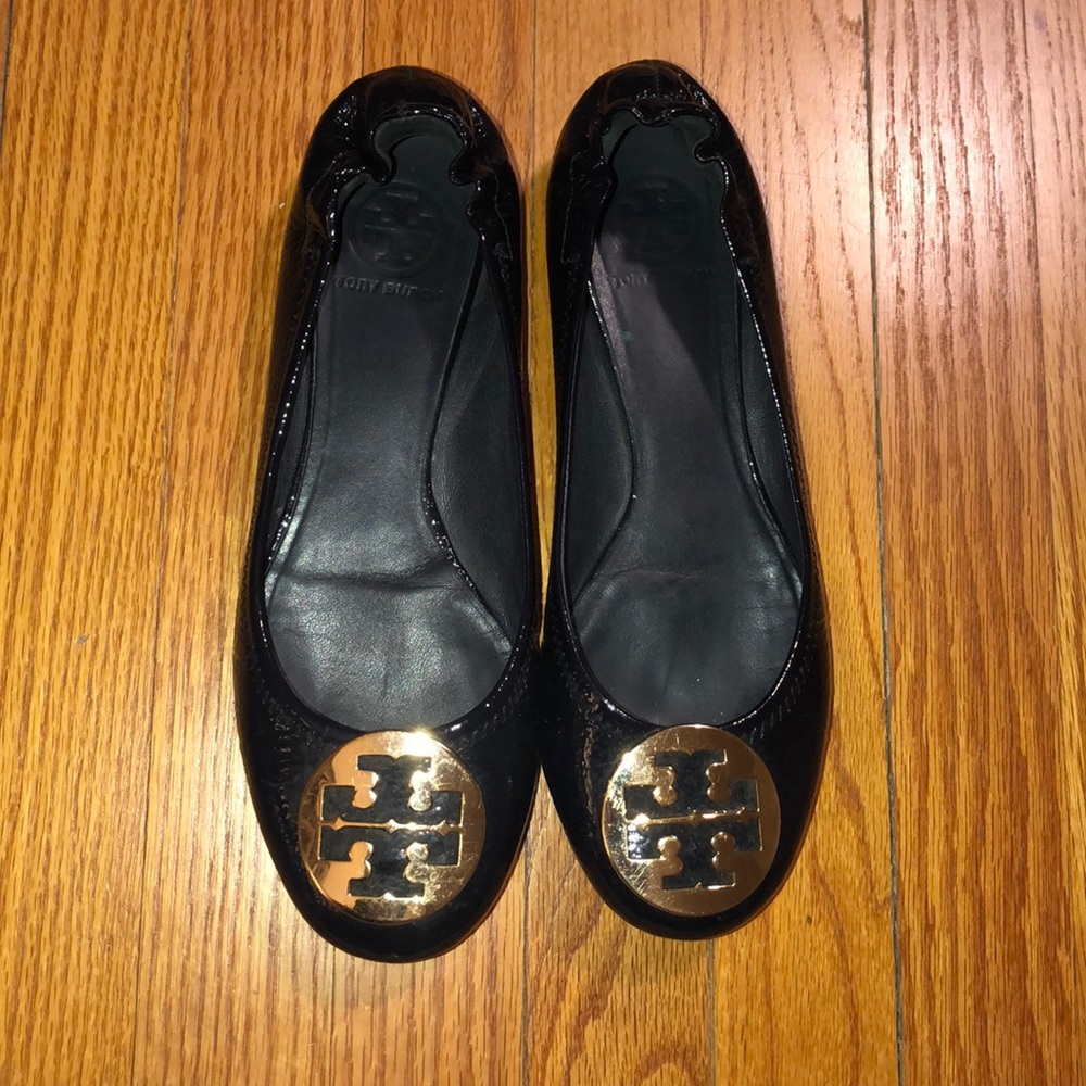Tory Burch Black Flats with Gold Logo
